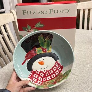 Fitz And Floyd Bowl, Holly Berry Snowman large serving bowl in Original Box  10"